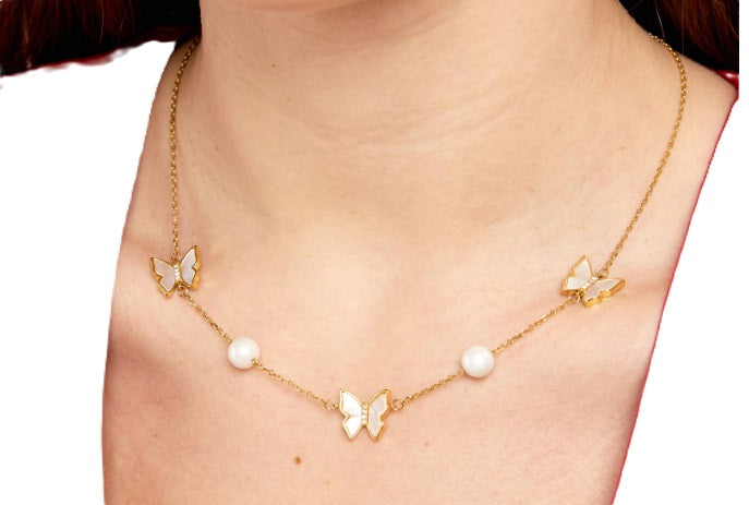 18K GOLD PLATED STAINLESS STEEL &quot;BUTTERFLIES&quot; NECKLACE