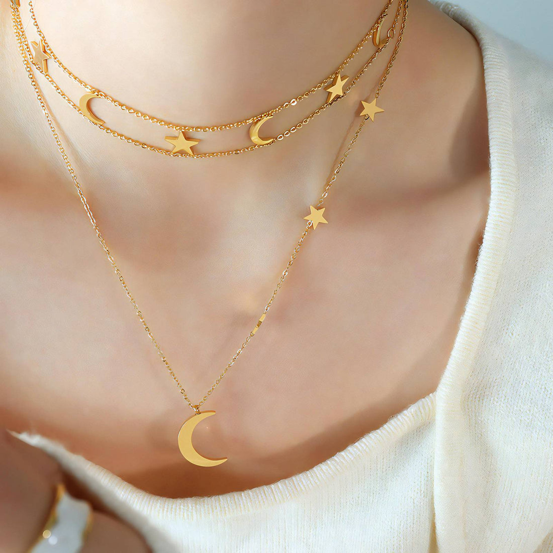 18K GOLD PLATED STAINLESS STEEL &quot;MOON AND STAR&quot; NECKLACE