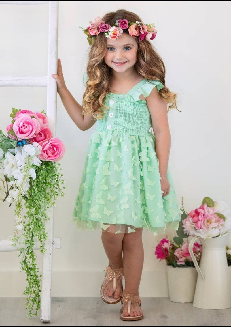 Butterfly Kisses Green Smocked Dress