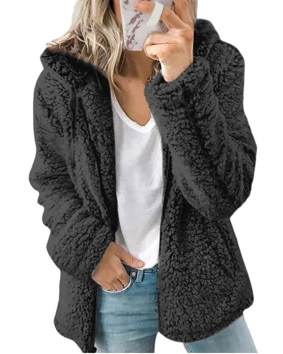 Casual Solid Color Patchwork Zipper Woolen Warm Hooded Sweater