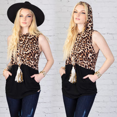 Leopard Color Block Hooded Tank Top