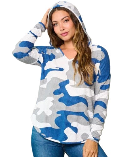 -Neck Hooded Camo Print Top